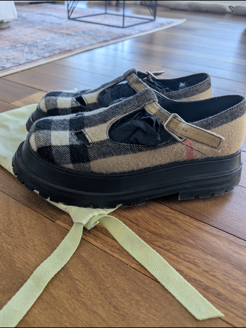 Authentic - Burberry Black & White Check Mary Jane Lug Sole Loafers - Picture 3 of 5